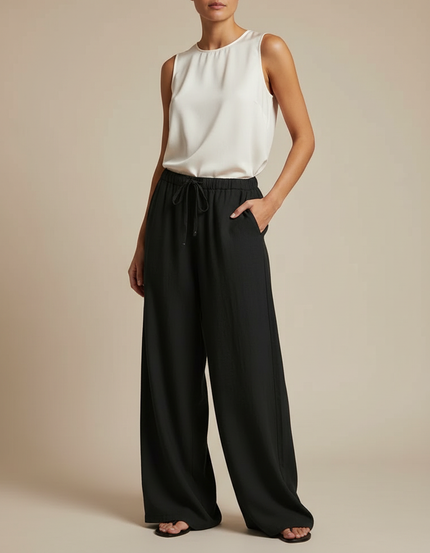 Pantalon Chinois Noir Ample Fluide Taille Haute - Viscose