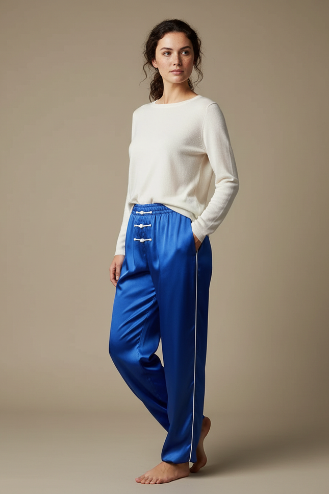 Pantalon Chinois Bleu Royal Satin Fluide Femme