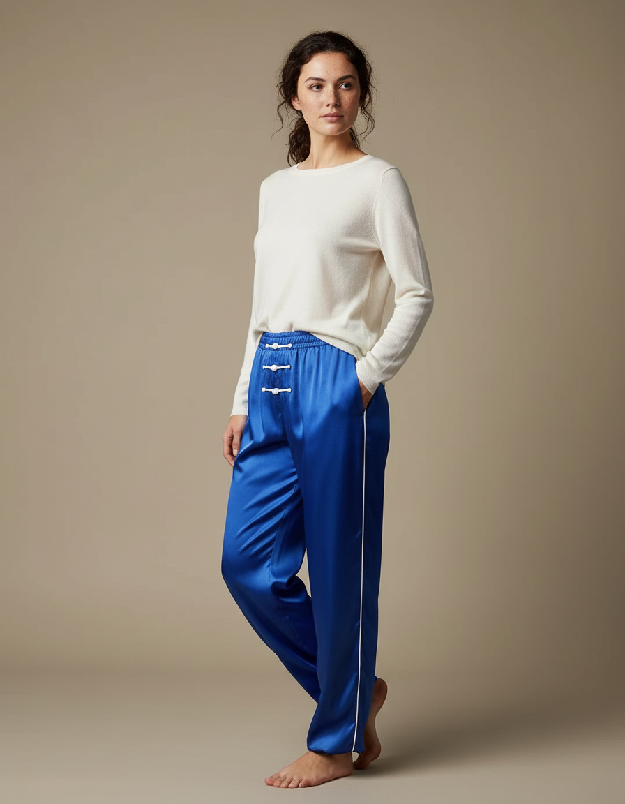 Pantalon Chinois Bleu Royal Satin Fluide Femme