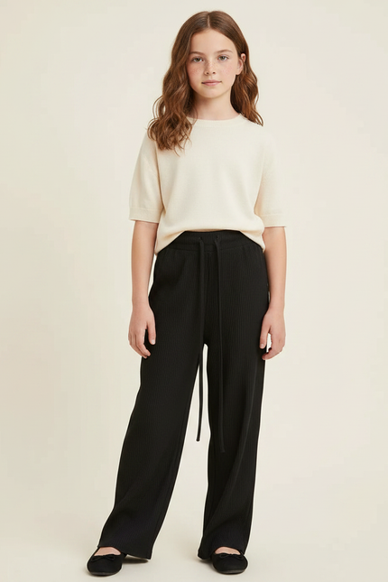 Pantalon Chinois Noir Côtelé Ample Fille Confortable - Maille