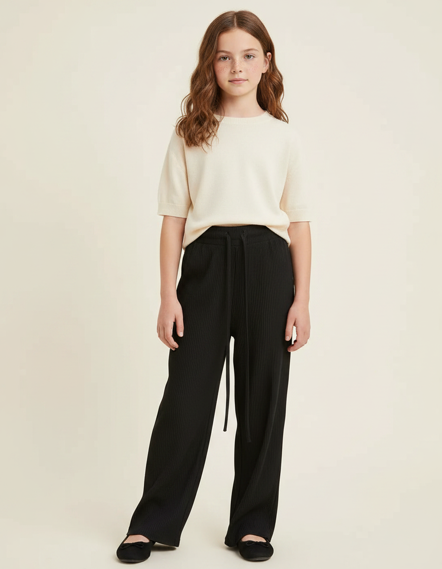 Pantalon Chinois Noir Côtelé Ample Fille Confortable - Maille