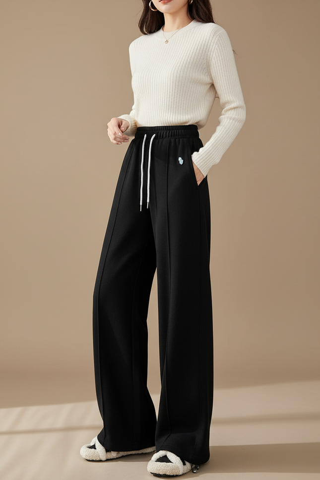 Pantalon Chinois Noir Ample Cordon Décontracté Hiver Épais - Molleton