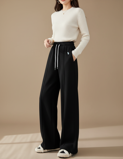 Pantalon Chinois Noir Ample Cordon Décontracté Hiver Épais - Molleton