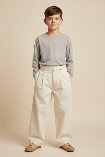 Pantalon Chinois Écru Ample Enfant Décontracté Uni - Beige Toile