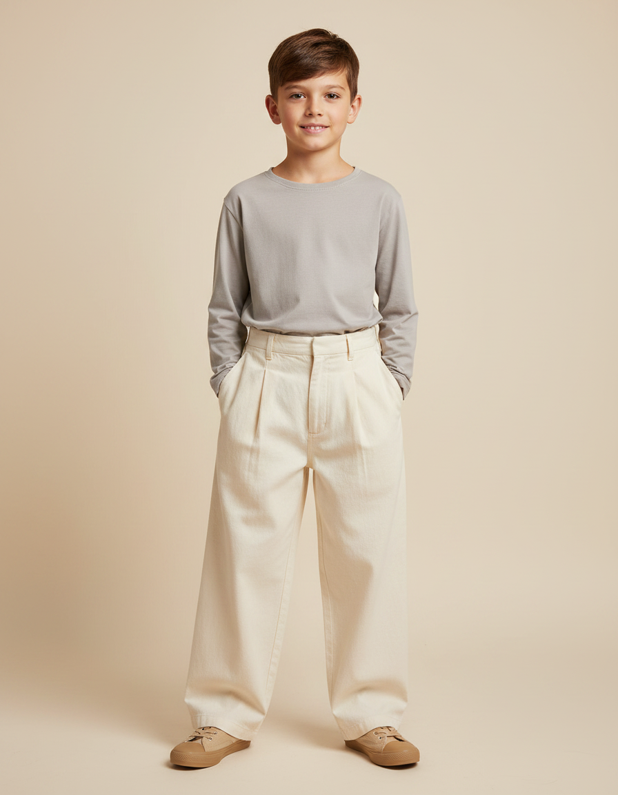 Pantalon Chinois Écru Ample Enfant Décontracté Uni - Beige Toile