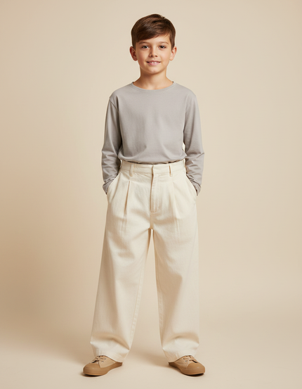 Pantalon Chinois Écru Ample Enfant Décontracté Uni - Beige Toile