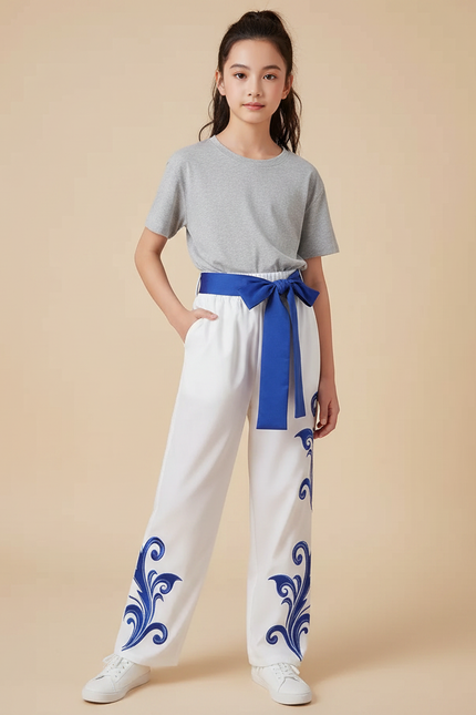 Pantalon Chinois Blanc Ample Brodé Bleu Enfant - Polyester