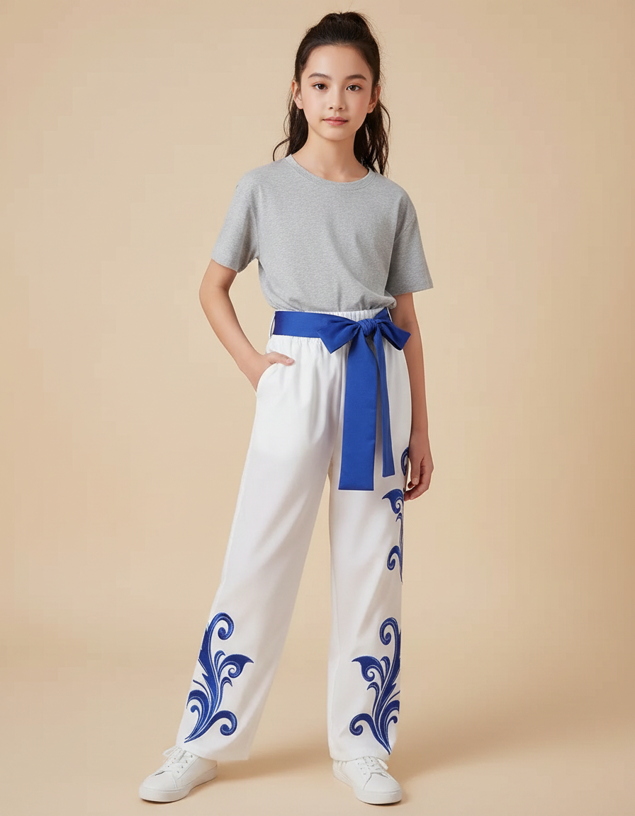 Pantalon Chinois Blanc Ample Brodé Bleu Enfant - Polyester