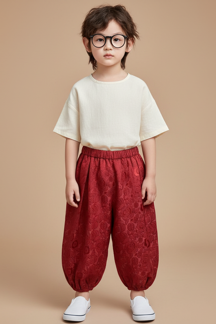 Pantalon Chinois Rouge Ample Floral Bouffant Enfant - Satin