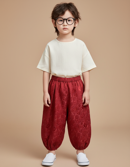 Pantalon Chinois Rouge Ample Floral Bouffant Enfant - Satin