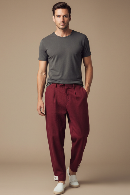 Pantalon Chinois Bordeaux Ample Plissé Décontracté Homme - Lin