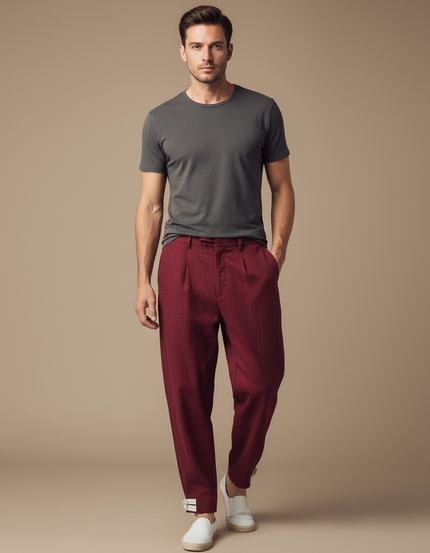 Pantalon Chinois Bordeaux Ample Plissé Décontracté Homme - Lin