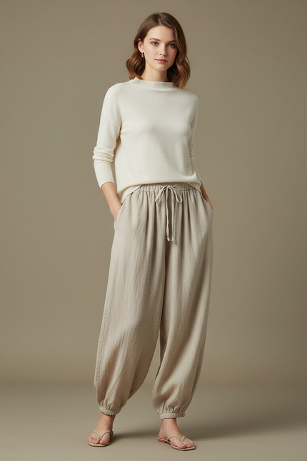 Pantalon Chinois Écru Ample Coton Lin Fluide Décontracté - Beige
