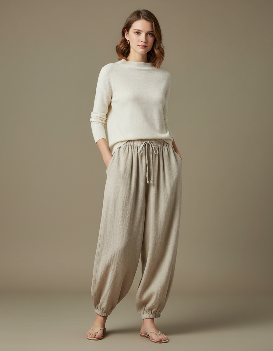 Pantalon Chinois Écru Ample Coton Lin Fluide Décontracté - Beige