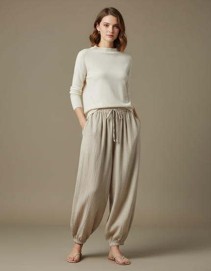 Pantalon Chinois Écru Ample Coton Lin Fluide Décontracté - Beige