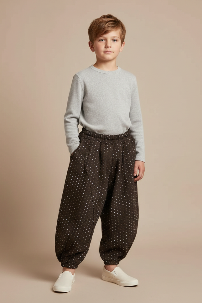 Pantalon Chinois Marron Ample Points Blancs Enfant - Molleton