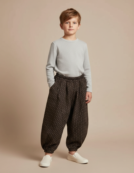 Pantalon Chinois Marron Ample Points Blancs Enfant - Molleton