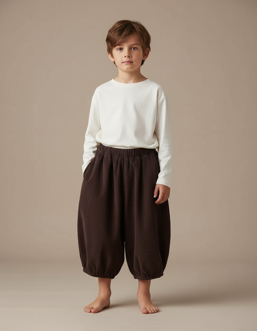 Pantalon Chinois Marron Côtelé Bouffant Enfant Mignon - Cordé