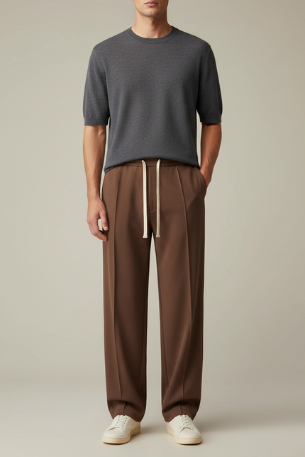 Pantalon Chinois Marron Ample Décontracté Cordon Homme - Gabardine