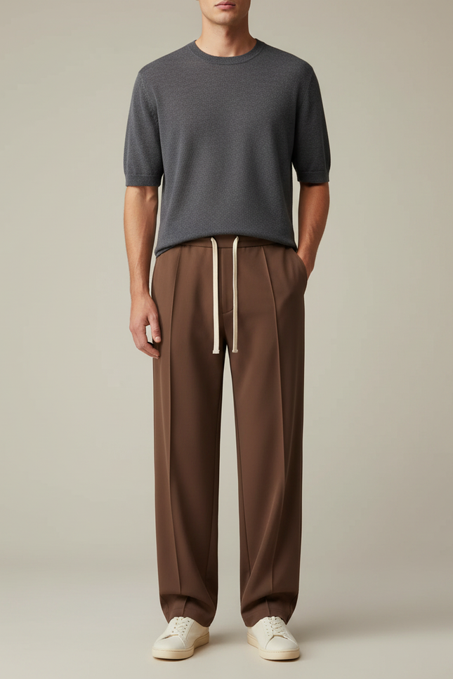 Pantalon Chinois Marron Ample Décontracté Cordon Homme - Gabardine
