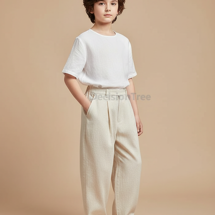 Pantalon Chinois Beige Ample Lin Décontracté Garçon