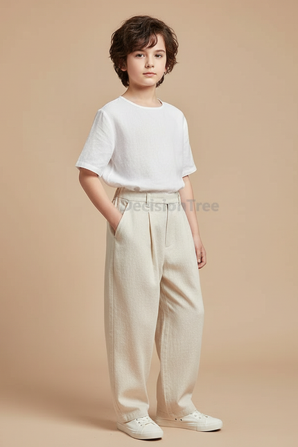 Pantalon Chinois Beige Ample Lin Décontracté Garçon