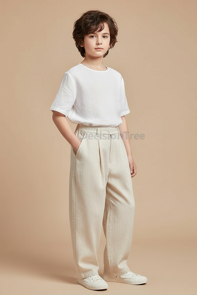 Pantalon Chinois Beige Ample Lin Décontracté Garçon