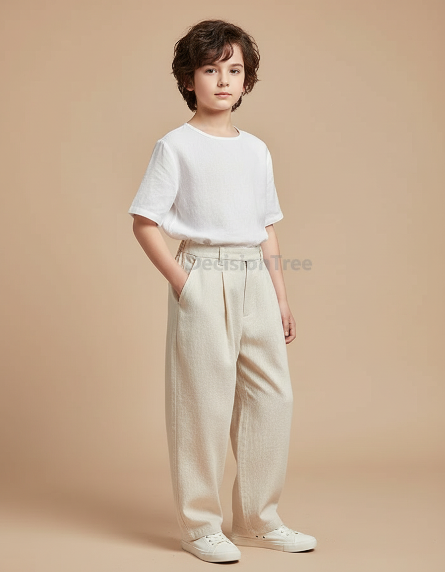Pantalon Chinois Beige Ample Lin Décontracté Garçon