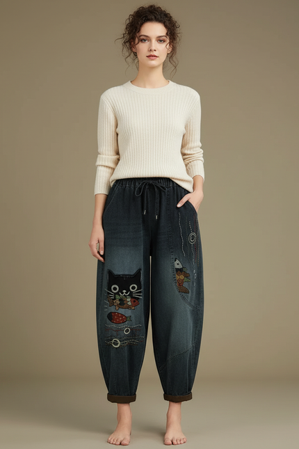 Pantalon Chinois Harem Brodé Chat Poisson Femme - Bleu Jean