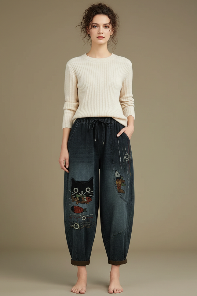 Pantalon Chinois Harem Brodé Chat Poisson Femme - Bleu Jean