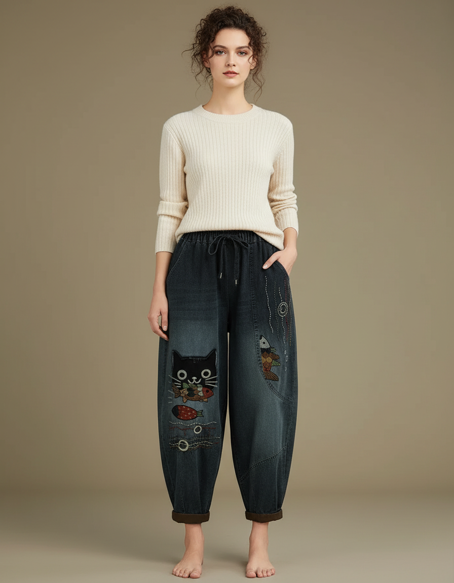 Pantalon Chinois Harem Brodé Chat Poisson Femme - Bleu Jean