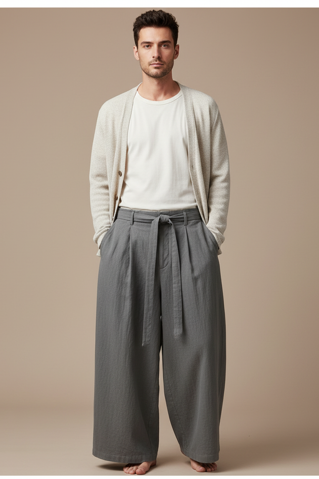 Pantalon Chinois Gris Ample Ceinture Coton Lin