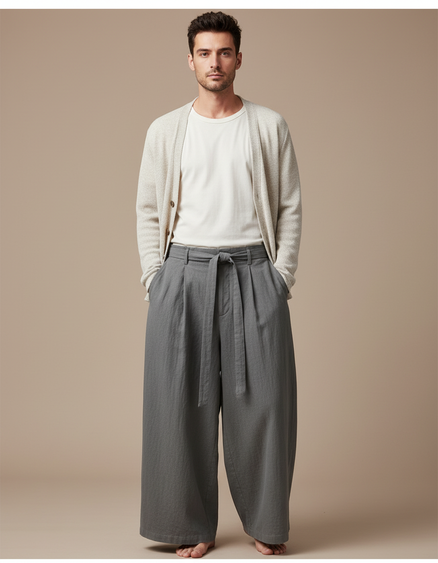 Pantalon Chinois Gris Ample Ceinture Coton Lin