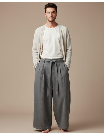 Pantalon Chinois Gris Ample Ceinture Coton Lin