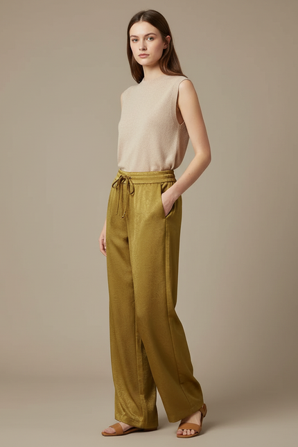 Pantalon Chinois Satiné Kaki Fluide Ample Élégant