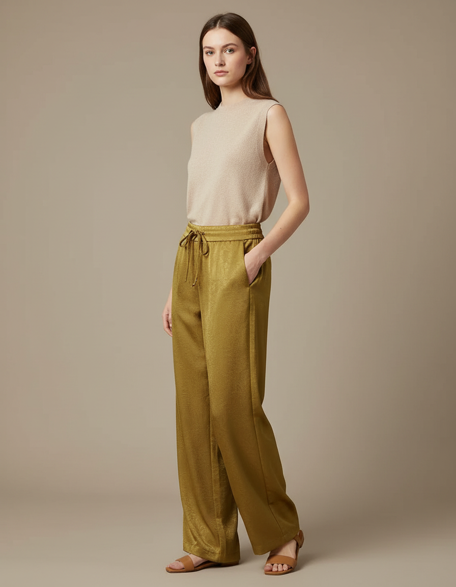 Pantalon Chinois Satiné Kaki Fluide Ample Élégant