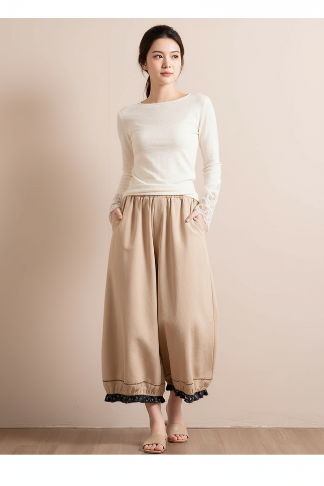 Pantalon Chinois Beige Ample Coton Brodé Décontracté