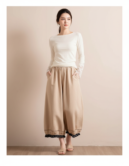 Pantalon Chinois Beige Ample Coton Brodé Décontracté