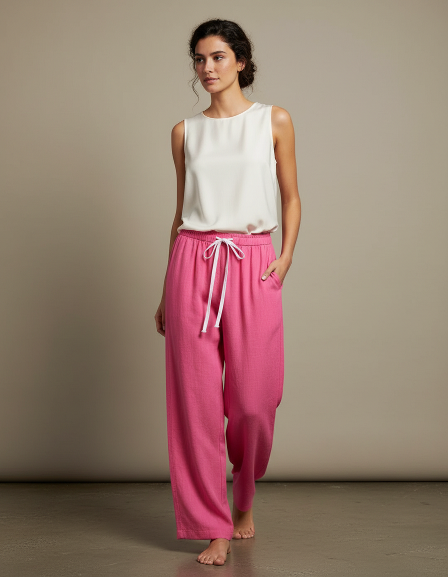 Pantalon Chinois Rose Coton Fluide Ample Femme