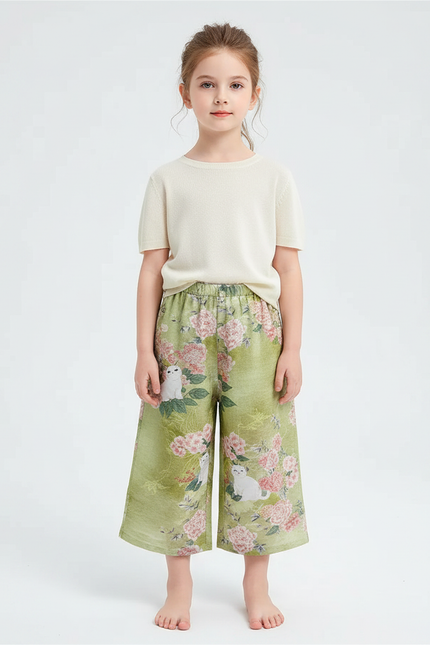 Pantalon Chinois Vert Floral Chat Fille Décontracté - Imprimé Lin
