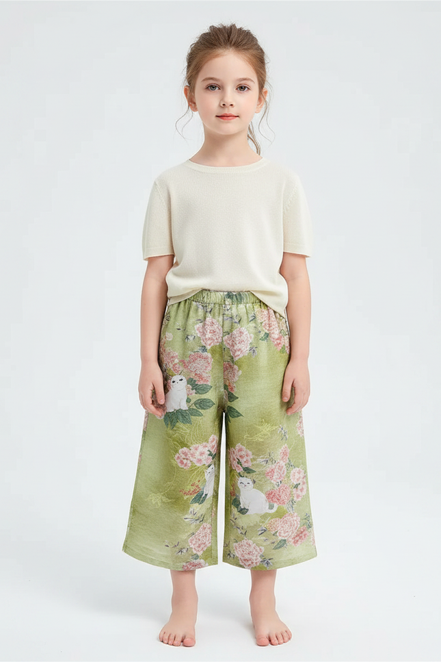 Pantalon Chinois Vert Floral Chat Fille Décontracté - Imprimé Lin