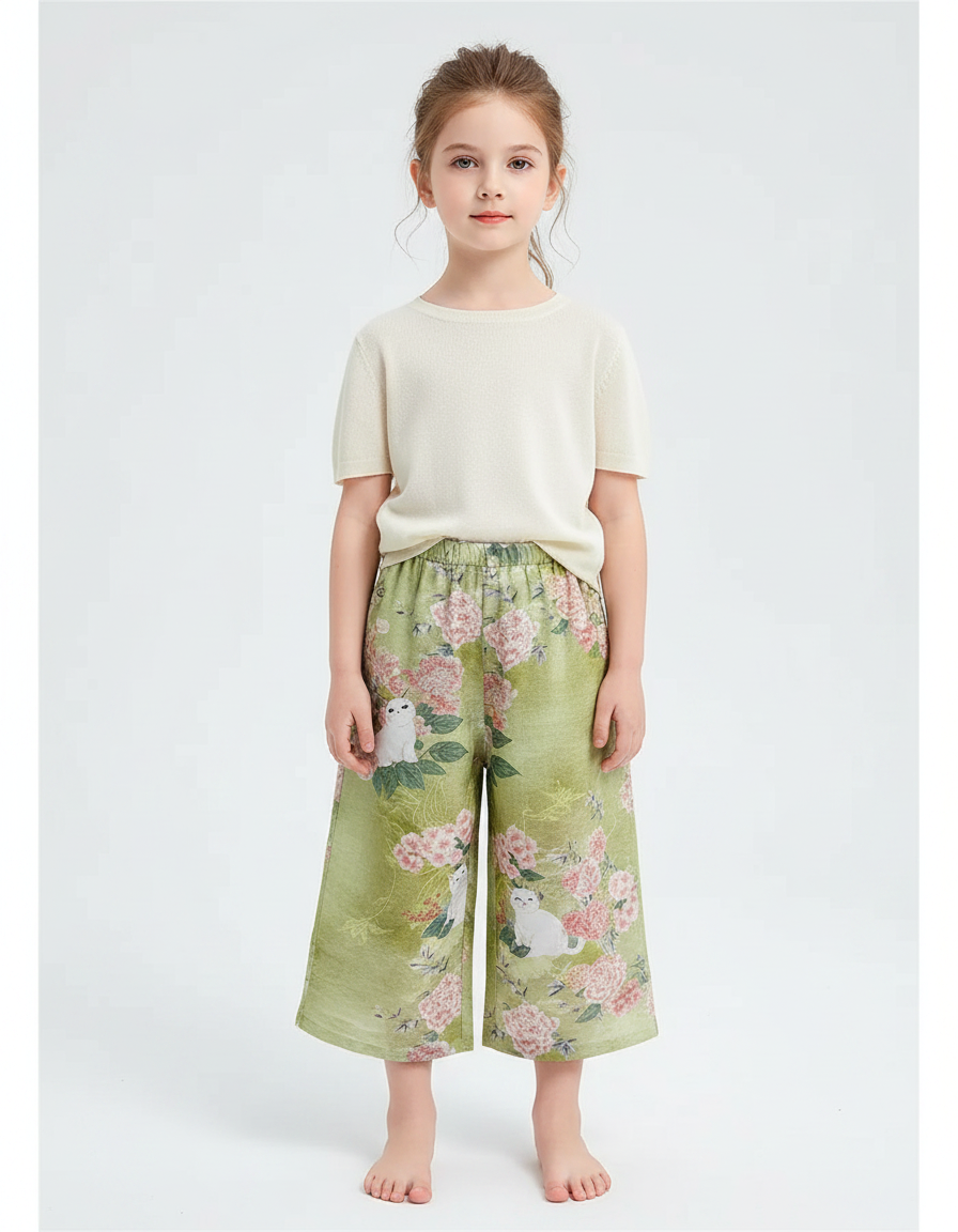 Pantalon Chinois Vert Floral Chat Fille Décontracté - Imprimé Lin