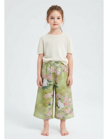 Pantalon Chinois Vert Floral Chat Fille Décontracté - Imprimé Lin