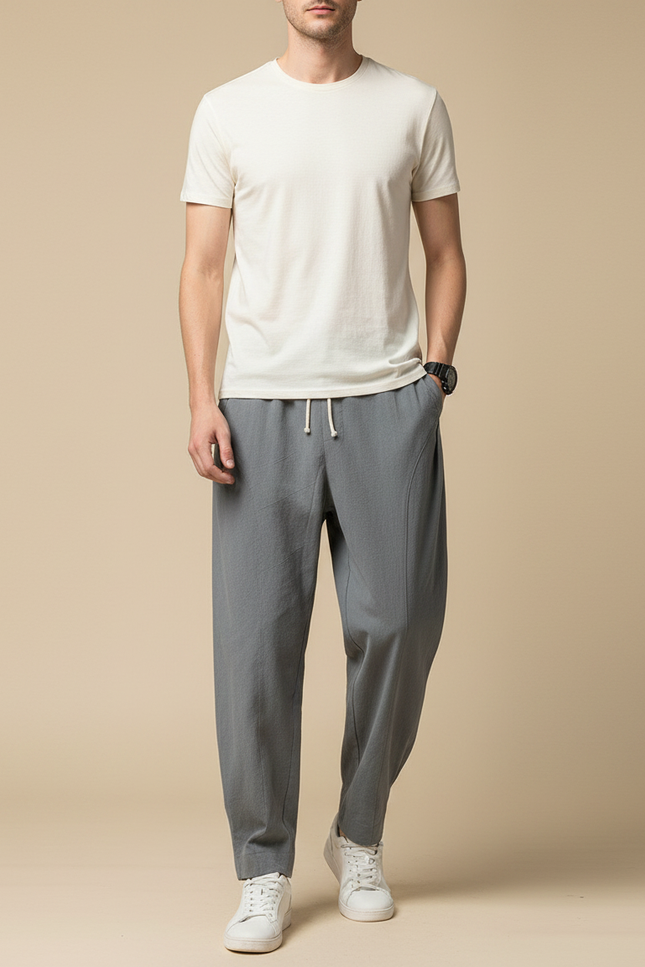Pantalon Chinois Gris Lin Ample Décontracté Homme Coton