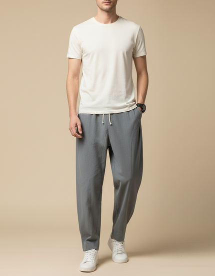 Pantalon Chinois Gris Lin Ample Décontracté Homme Coton