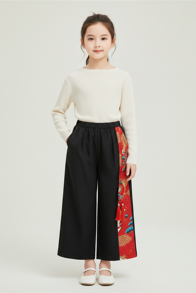 Pantalon Chinois Noir Ample Rouge Motif Traditionnel Fille - Polyester