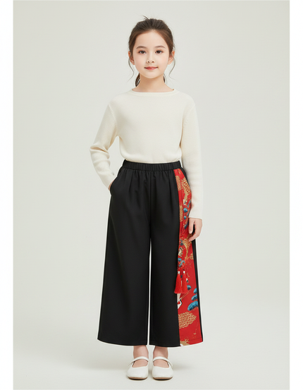 Pantalon Chinois Noir Ample Rouge Motif Traditionnel Fille - Polyester