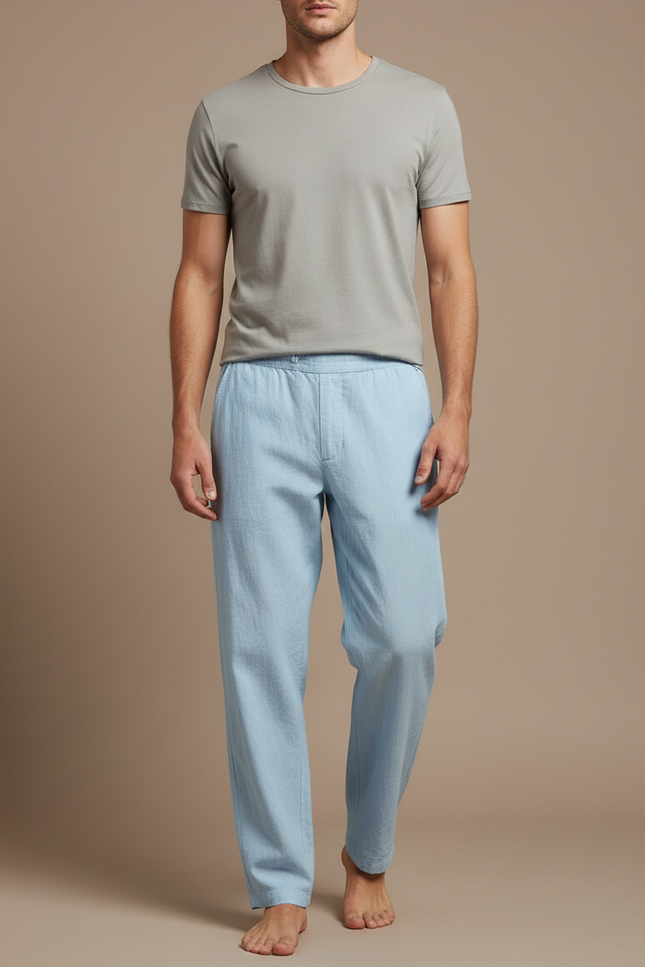 Pantalon Chinois Bleu Ciel Lin Ample Décontracté Homme