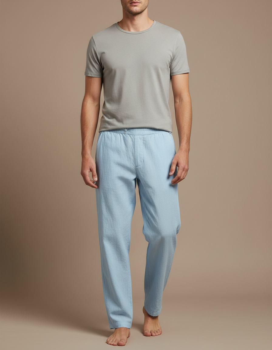 Pantalon Chinois Bleu Ciel Lin Ample Décontracté Homme