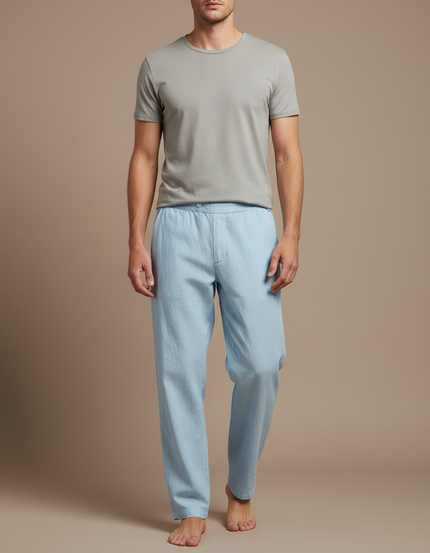 Pantalon Chinois Bleu Ciel Lin Ample Décontracté Homme
